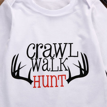 3PCS "Crawl Walk Hunt" Newborn Baby Boys Romper Tops Pants Hat Outfits Set Clothes